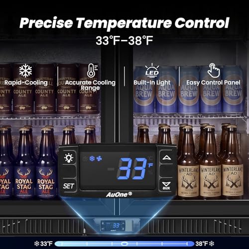 Image of 35.42 inch W Commercial Under Counter Beverage Refrigerator, 2 Glass Door Back Bar Cooler, Built-in /Freestanding 7.4Cuft Drink Fridge with LED Light, Auto Defrost, Low-E Glass & Safety Lock, Rebound door