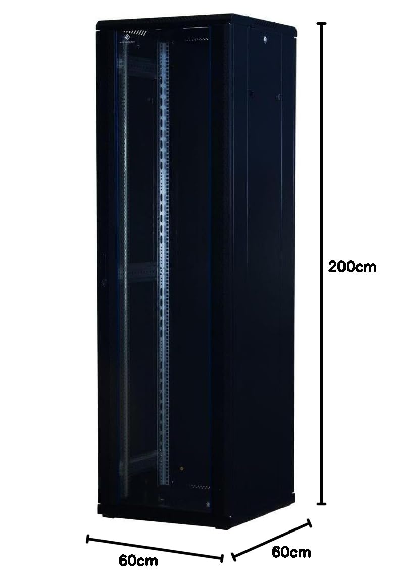 Rockstable 42HE 19 Zoll Serverschrank Netzwerkschrank (BxTxH) 600x600x2000mm mit Glastür - Türanschlag wechselbar - Türen und Seitenwände abnehmbar und verschließbar - Schwarz (RAL 9005)