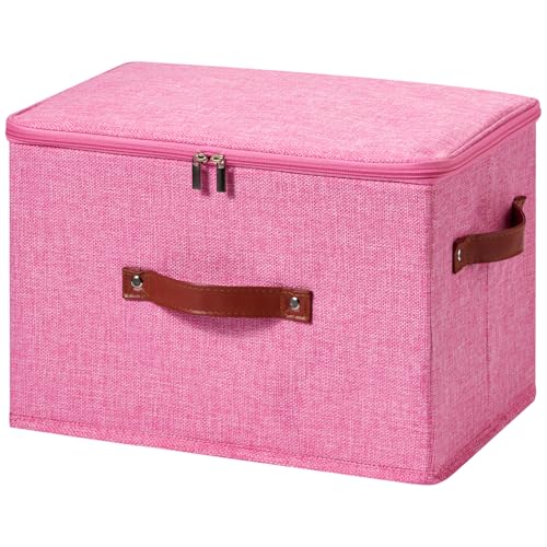 Image of Storage Bin Box with Zippered Lid Cotton Linen Fabric Decorative Basket with PU Leather Handles PP Plastic Board Foldable Lidded Clothing Shelf Closet Organizer Container (Pink, Large)