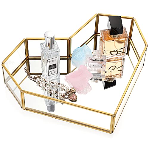 Hipiwe Vintage Mirror Vanity Tray Gold Glass Perfume Tray Bathroom Tray Cosmetic Makeup Tray Ornate Dresser Tray Jewelry Trinket Tray Holder for Home Decor