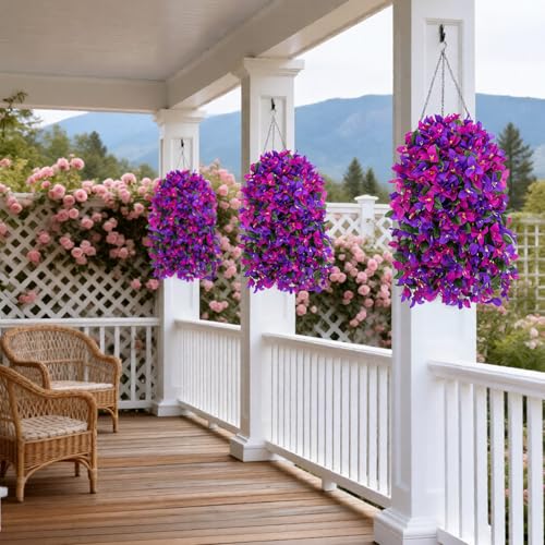 Image of Bassion 2 Pcs Artificial Hanging Bougainvillea for Outdoors, Mix Purple | UV resistant hanging flowers, realistic no fade faux plants, outside planters patio garden yard front door porch decoration