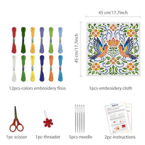 Image of FREEBLOSS 11CT Vector Flowers Stamped Cross Stitch Kits Complete Embroidery Kits with Instruction Cross Stitch Wall Hanging Kit for Needlepoint Adults Wall Art Decoration 18x18in /45x45cm