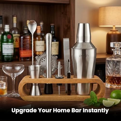 Image of O' Holic by Perch 10-Piece Bartender Kit with Mango Wooden Stand|Cocktail Shaker Gift Set with Jigger,Strainer,Spoon,Muddler, Pourers, Tongs & Corkscrew|Home Bar Accessories for Mixing Drinks (Silver)