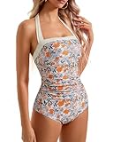 SUUKSESS Women Sexy Tummy Control One Piece Swimsuits Halter Slimming Retro Monokini Bathing Suits Color Block Swimwear(Yellow Floral,L)