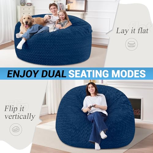 Image of 5FT Bean Bag Chair,Giant Bean Bag Chairs for Adults,Big Bean Bags with Memory Foam Filled, Large Beanbag Chairs with Chevron Plush Cover-Blue