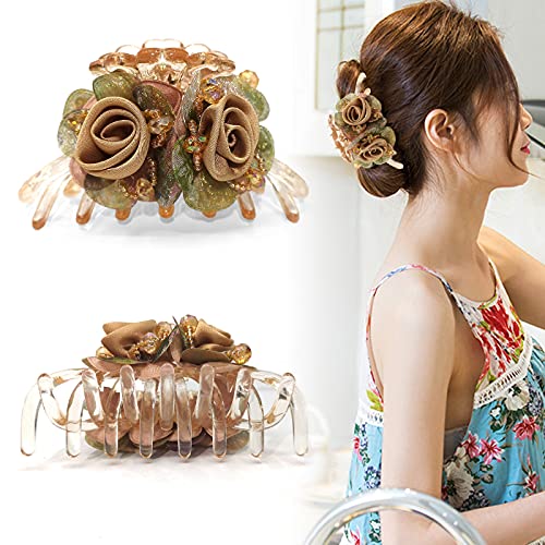 Big Hair Claw Banana Clips with Flower Strong Hold Hair Grip Nonslip Hairpins Hairgrip for Women and Girls Hair Barrettes For Thick Hair (Beige 002)