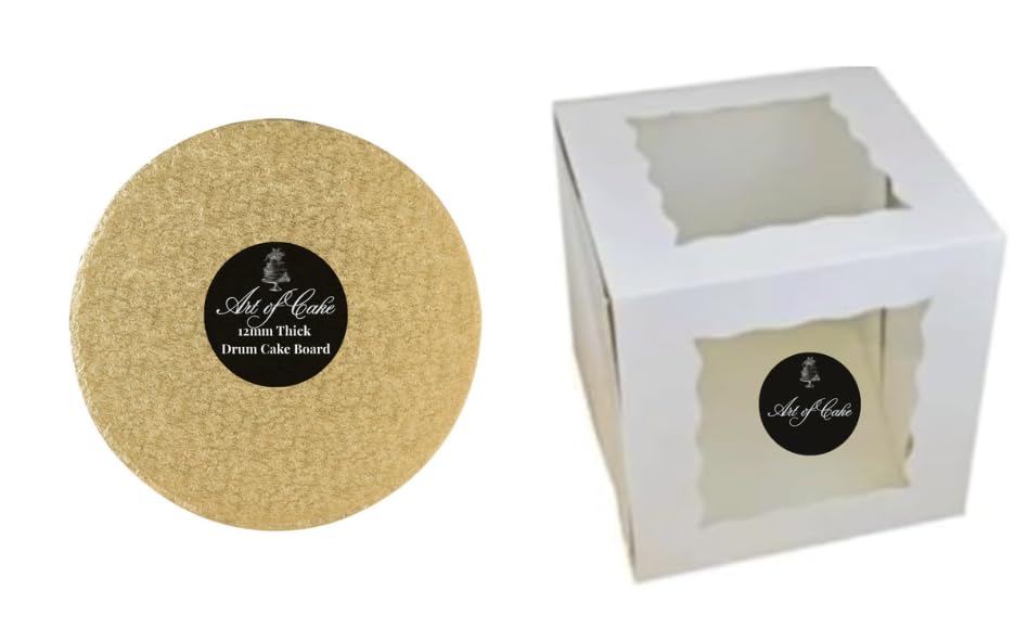 Art of cake ® Drum Cake Board (13mm) & 2 Sided Window Tall Cake Box (Gold, 14")-For Tiered Decorated Birthday Wedding Engagement Graduation and All Celebration Cakes
