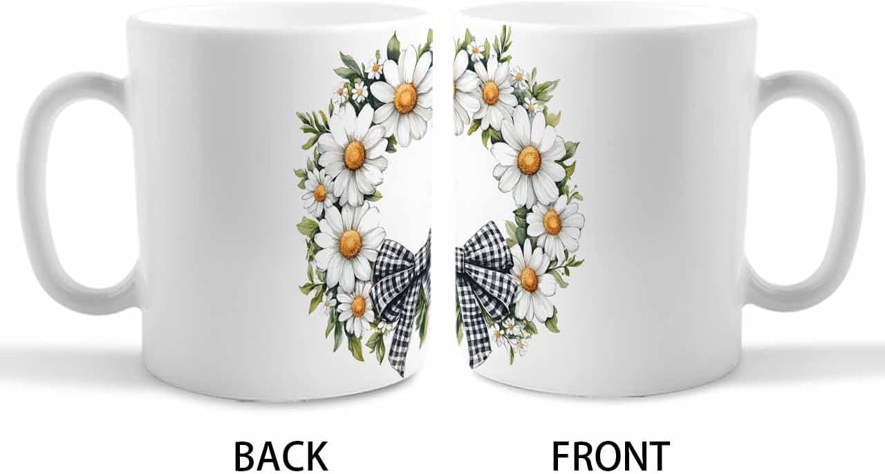 BEMIGO Ceramic Coffee Mug Spring Summer Daisy Wreath Ceramic Mug White Cup, Watercolor Retro Pastoral Insulated Coffee Cup with Handle with Pattern Perfect for Tea and Hot Beverages, 12oz