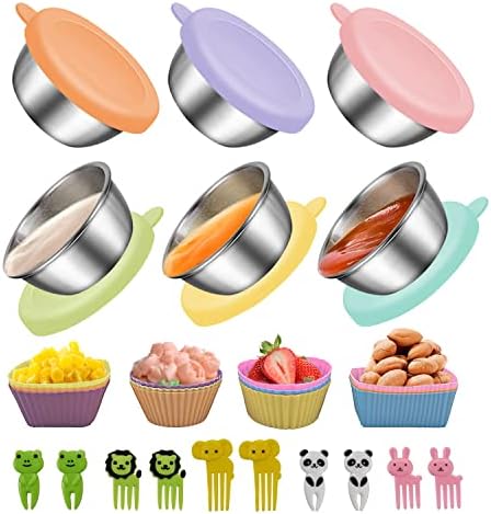 Qefuna 12 Pcs Silicone Lunch Box Dividers, 10PCS Food Picks, 6x1.7 oz Salad Dressing Container To Go, Lunch Accessories for Bento Box