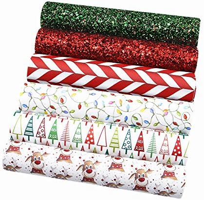 David Angie Merry Christmas Faux Leather Sheet Assorted Synthetic Leather Fabric 6 Pcs 7.9" x 13.4" (20 cm x 34 cm) for Hair Bows Headbands Making Festival Handmade Crafts (Pattern B)