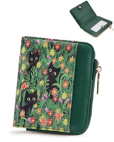 Image of Small Bifold Wallets Woman RFID Mini Wallet for Women Slim Card Holder with Zipper Coin Pocket & 2 ID Windows (Cat)