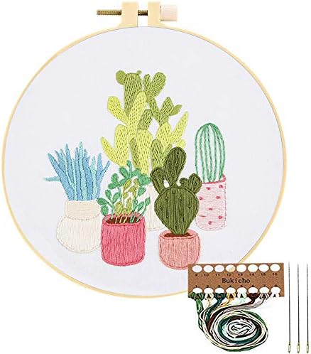 Embroidery Starter Kit with Pattern, Cross Stitch Kit Include Stamped Embroidery Clothes with Floral Pattern, Plastic Embroidery Hoops, Color Threads and Tools Needlepoint Kits (Cactus)
