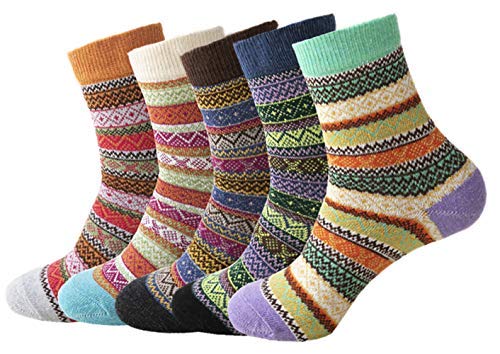 Macochoi Womens Vintage Style Wool Thick Warm Socks(5 Pairs) (Multi-colored-C)