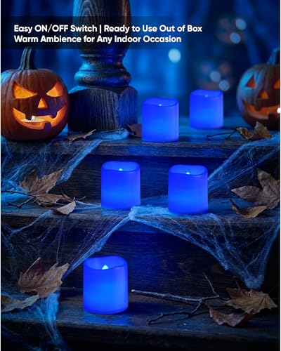 Image of Homemory 24Pack Blue Flickering Flameless Votive Candles, 200+Hour Electric Fake Candles, Battery Operated LED Tealight for Wedding, Outdoor, Table, Festival (Warm White,Battery Included)