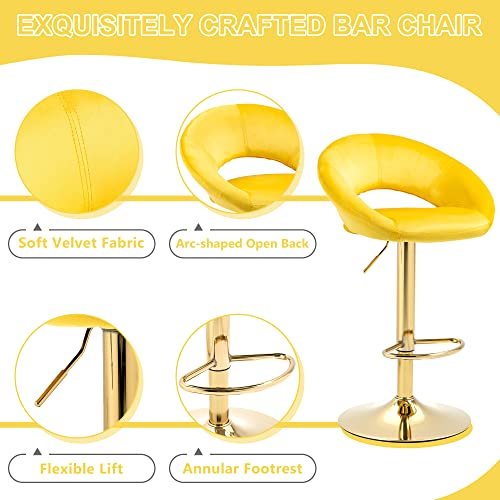 Nordicana Modern Adjustable Height Counter Bar Stools Set Of 2, Yellow Velvet Upholstered Swivel Barstools, Kitchen Island Dining Chairs, Gold Metal Base #TOP2