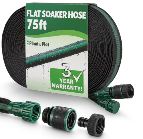 Flat Soaker Hose 75ft for Garden // Drip Hose for Garden Beds // Heavy Duty Leakproof Design with Quick Connect // Linkable Irrigation System for Gardens