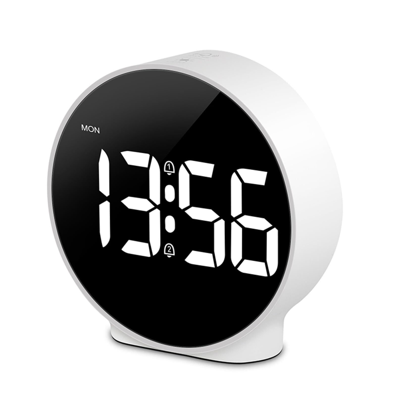 Wecker für den Schreibtisch, digital, klein, rund, einstellbare Helligkeit, für Schlafzimmer, Nachttisch, Büro (weiße Schale)