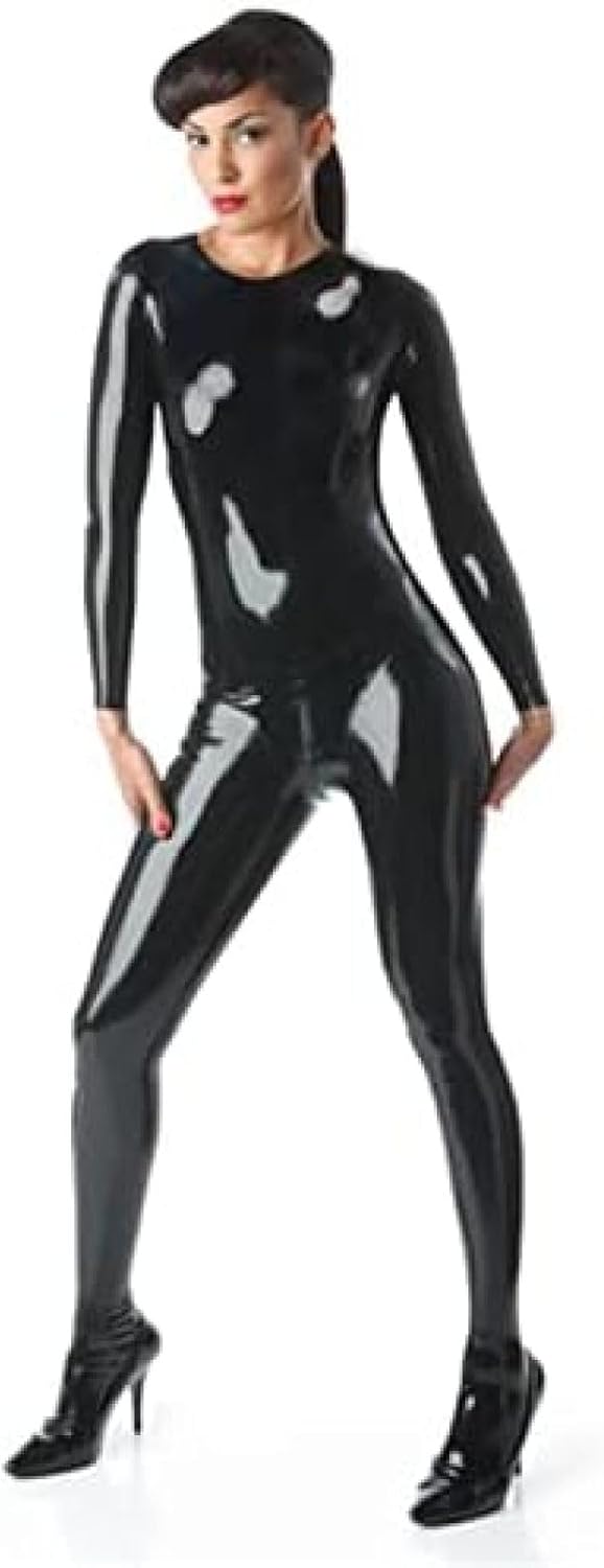 Low Neck Latex Catsuit Back Zipper with Socks for Women Tight Rubber Bodysuit Jumpsuit Party Wear,Medium