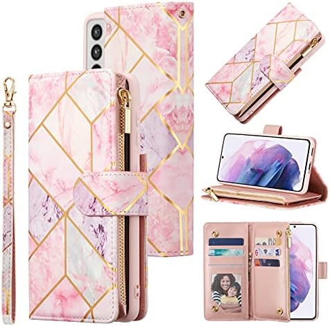 UEEBAI Wallet Case for Samsung Galaxy S21 5G, Premium PU Leather Magnetic Closure Geometric Marble Pattern Handbag Zipper Pocket Case Kickstand Card Slots Shockproof Flip Cover - Pink & Purple