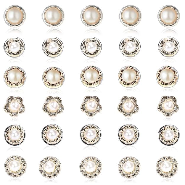 swejos 30pcs Pearl Buttons, Shirt Brooch Buttons for Women, Instant Safety Cover Up Brooch Pins for Saree Cardigan Dress Hats - No Sewing & Removable
