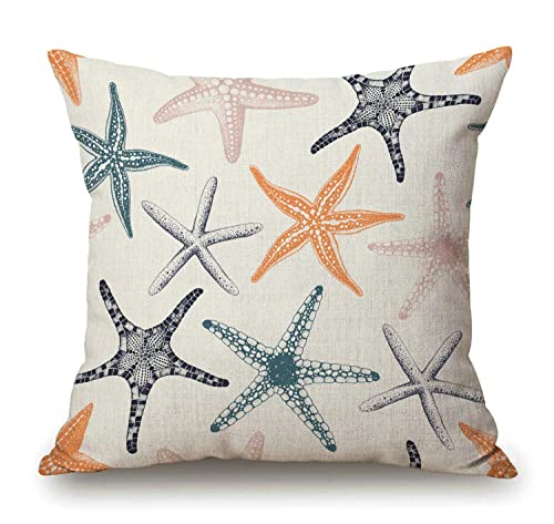 Solekla Throw Pillow Covers Beach Ocean Coastal Orange Black and Blue Starfish Cotton Linen Cushion Cover 18 x 18 Inches Standard Square Decorative Pillow Cover for Sofa and Bed Double Side Print