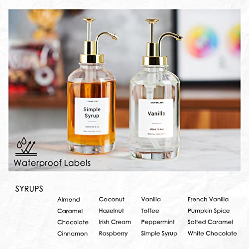Combler Coffee Syrup Dispenser For Coffee Bar Accessories, 16.9Oz 500Ml Syrup Bottles 2Pcs Set, Glass Syrup Dispenser W. Gold Pumps And Labels, Coffee Accessories For Cinnamon, Vanilla, Caramel, Gifts #TOP3