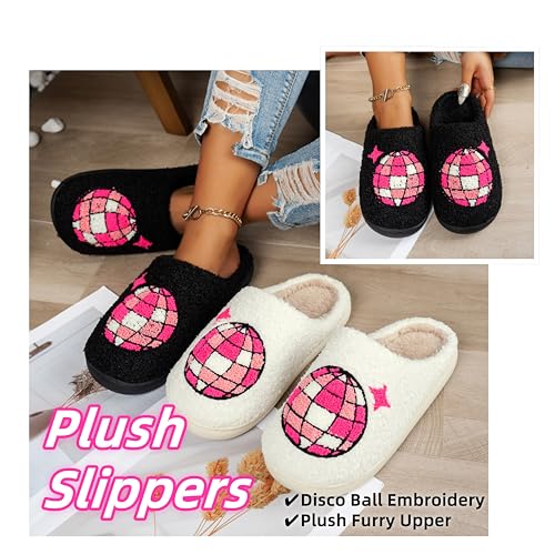 Women's Plush Home Slippers - Disco Ball Embroidery, Furry Cozy Upper, Anti - Slip Sole for Indoor Lounge2