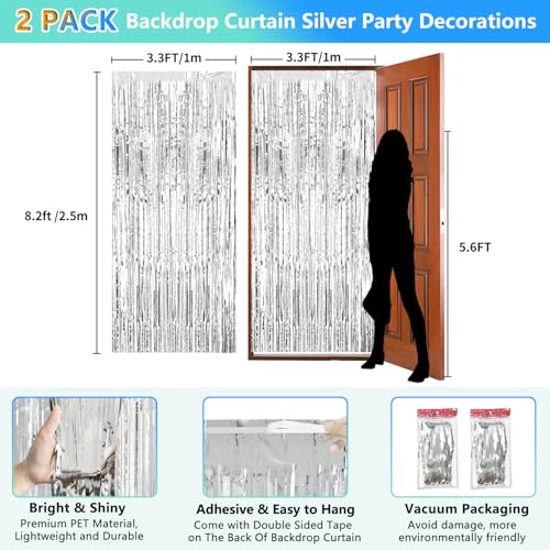 Image of 2 Pack Foil Curtain Backdrop Curtains Silver Tinsel Door Streamers Birthday Party Decorations Photo Booth Props for Disco Party Graduation Wedding Baby Shower Bachelorette Christmas Gender Reveal