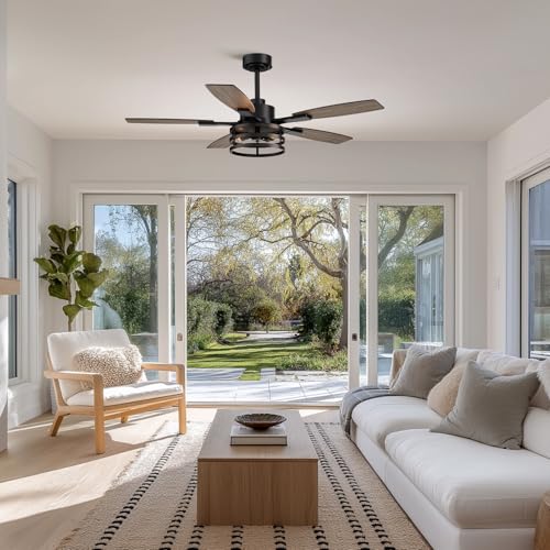 Image of 52-Inch Retro Black Downrod Curved Tube Ring-Style Iron Cage Ceiling Fan with Light Industrial Energy-Saving Quiet Strong Airflow for Living Room Bedroom