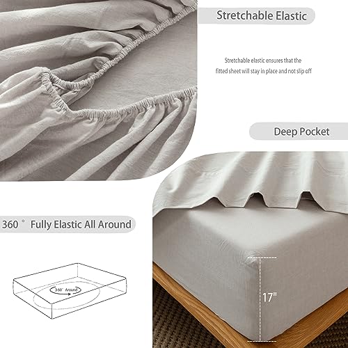 MooMee-Bedding-Sheet-Set-100-Washed-Cotton-Linen-Like-Textured-Breathable-Durable-Soft-Comfy-Cream-Grey-Queen