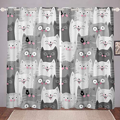 Kids Cartoon Cat Print Window Curtains for Bedroom Living Room Cute Animal Pattern Curtains Boys Girls Pet Cat Lovers Window Drapes Various Categories Window Treatments,W46*L54