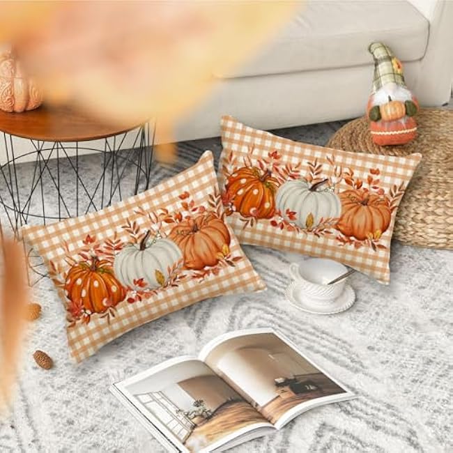 Fall Pillow Cover 12x20 Inch Pumpkin Buffalo Pliad Dots Fall Pillows Maple Leaves Decor Autumn Thanksgiving Decorative Farmhouse Cushion Case for Sofa Couch (Orange)