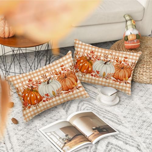 Image of Fall Pillow Cover 12x20 Inch Pumpkin Buffalo Pliad Dots Fall Pillows Maple Leaves Decor Autumn Thanksgiving Decorative Farmhouse Cushion Case for Sofa Couch (Orange)