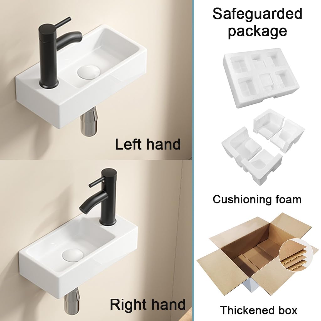 Fregadero de pared de cerámica blanca para baño pequeño, fregadero flotante rectangular de 14 x 7 pulgadas, fregadero moderno para colgar en la pared