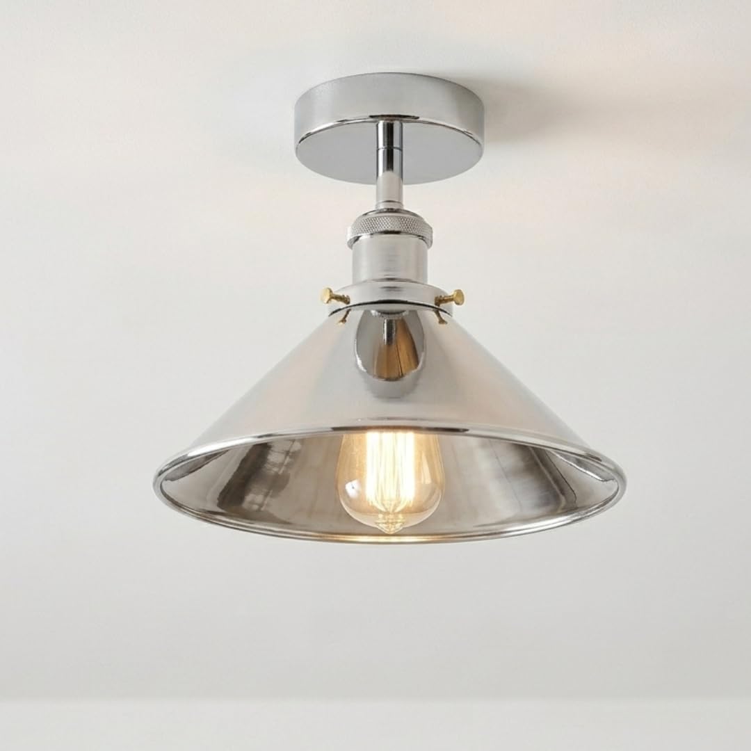 DC VOLTAGE Modern Flush Mount Ceiling Lighting LED Lights, Semi Flush Light Fitting Pendant Light Lamp Chandelier Metal 22cm Cone Light Shade for Hall, Living Room, Lounge (Chrome 2)