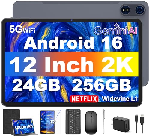 Image of 12 Inch Tablet with Keyboard, Android 16 Tablet with Gemini AI, 24GB+256GB+2TB Expand, 2K Tablets PC with 8-Core, 8000mAh, 120Hz 1920x1200, 16+8MP, 2 in 1 Large Tablets with Case,Mouse,Stylus(Black)