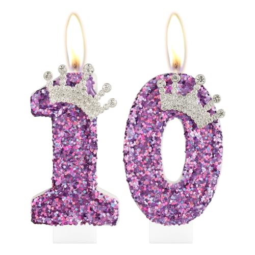 10th Birthday Candles for Girls, Purple Crown Number 10 Candle for Cake Topper Decorations for Girls Birthday Party Wedding Anniversary Celebration Supplies
