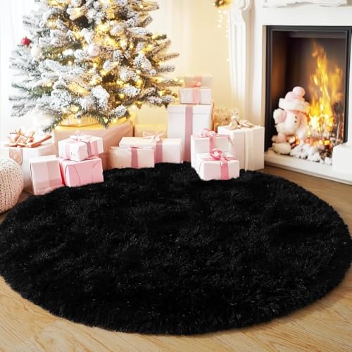 Image of Shaggy Round Area Rug - Soft Plush Circle Solid Color Carpet for Living Room, Bedroom, Kids Room - Fluffy Fuzzy Floor Mat for Home Decor (Black, 6x6 feet, Round)