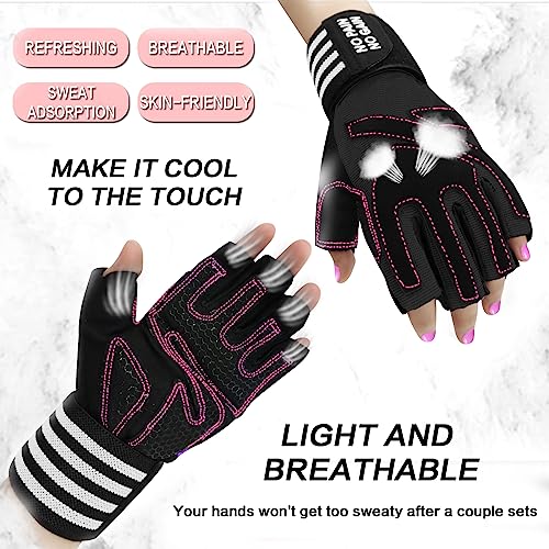 Workout Gloves For Women Weight Lifting With Wrist Strap Support, Padded Half Finger Gloves For Gym Fitness Exercise (Black-Pink, Medium) #TOP1