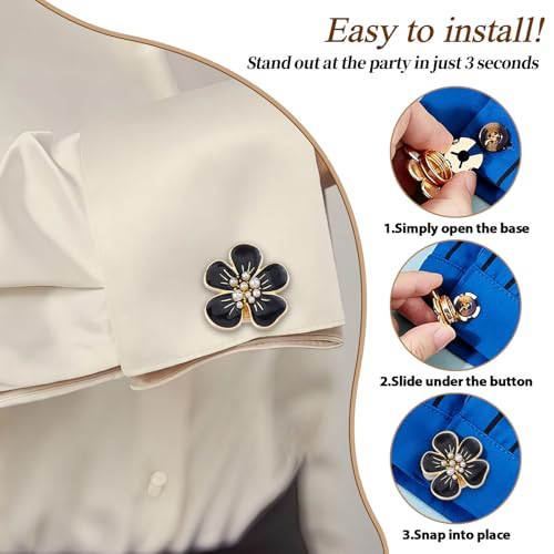 Vordpe 6 Pieces Camellia Button Covers Manschetten with White Flowers, Decorative Alloy Shirt Button Clips, Flower Button Covers Set for Women Shirts, Dress — view 3