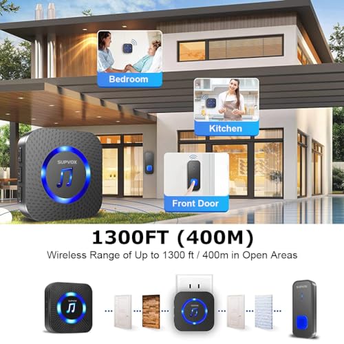 Image of Supvox Door Bell for Home Wireless Bell for Office 2 Receiver & 1 Transmitter Calling Bell Wireless Waterproof IP55 Long Range Remote Bell with LED Indicator Light and 55 Ringtones Door Bell