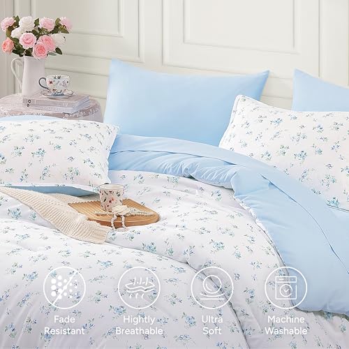 Image of Andency Floral Comforter Set, 7 Pieces Blue Queen Bedding Sets, Cottagecore Flower Bedding, Soft Lightweight Aesthetic Comforter with Sheets, Pillowcases & Shams for Women Teen Girls, White Blue