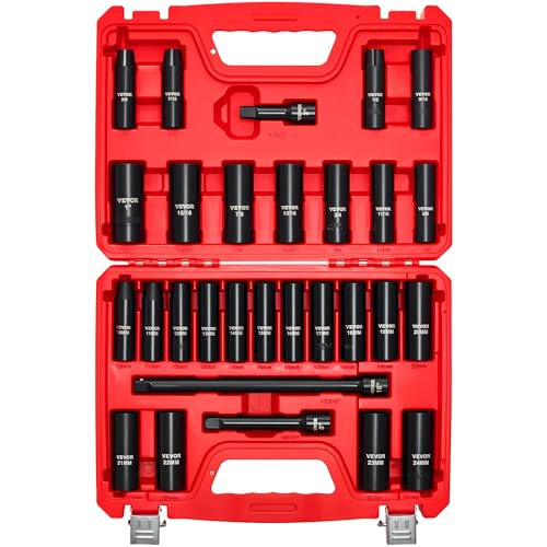 Image of VEVOR 1 /2 inch Drive Impact Socket Set, 29-Piece Deep Sockets Standard SAE (3 /8 to 1 inch) and Metric (10 to 24 mm) Size, 6 Point, CR-V Steel, Extension Bars (3 inch, 5 inch, 10 inch)