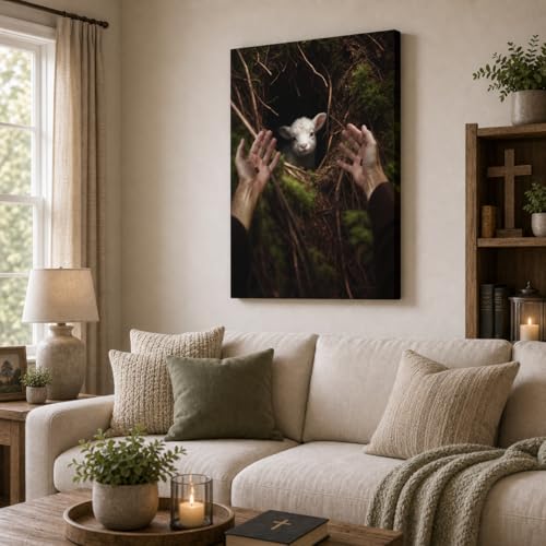 Image of GUN SUPPLIES OUTLET LLC Jesus and Lamb Canvas Wall Art Jesus Reaches Down to Rescue A Lamb Picture Wall Art Christian Home Decor 16x20 inch