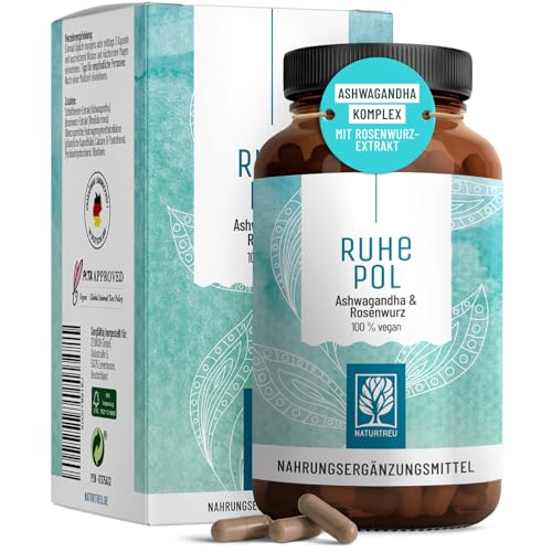 NATURTREU® Ruhepol - Ashwagandha Kapseln hochdosiert - 120 vegane Kapseln - 500 mg Ashwagandha pro Tag - Ashwagandha Komplex mit Rosenwurz-Extrakt - ohne unerwünschte Zusatzstoffe - laborgeprüft