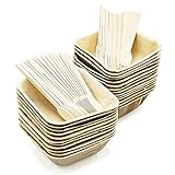 Party Disposable Bowls Dinnerware Set of 75 - Palm Leaf Plates (25) - 16 oz Square Deep Dishes, Wooden Forks(25) & Spoons (25) - Compostable. Great For Wedding, Camping, Birthday, Holidays