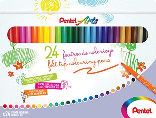 Pentel Arts SCS2E-24, Feutres de coloriage Encre ultra-lavable, Pointe moyenne, Pack de 24 couleurs assorties