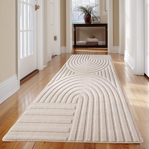 Carpetsale24 Boho Teppich Läufer 80 x 250 cm Creme, Weicher Skandinavischer Flurteppich mit 3D-Effekt, Waschbar & Pflegeleicht, Ideal für Küche, Eingangsbereich oder Bettseite