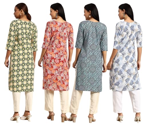 Image of JAKHANA Women's Crepe Printed Casual Straight Calf Length Round Nick Kurta Pack of 4