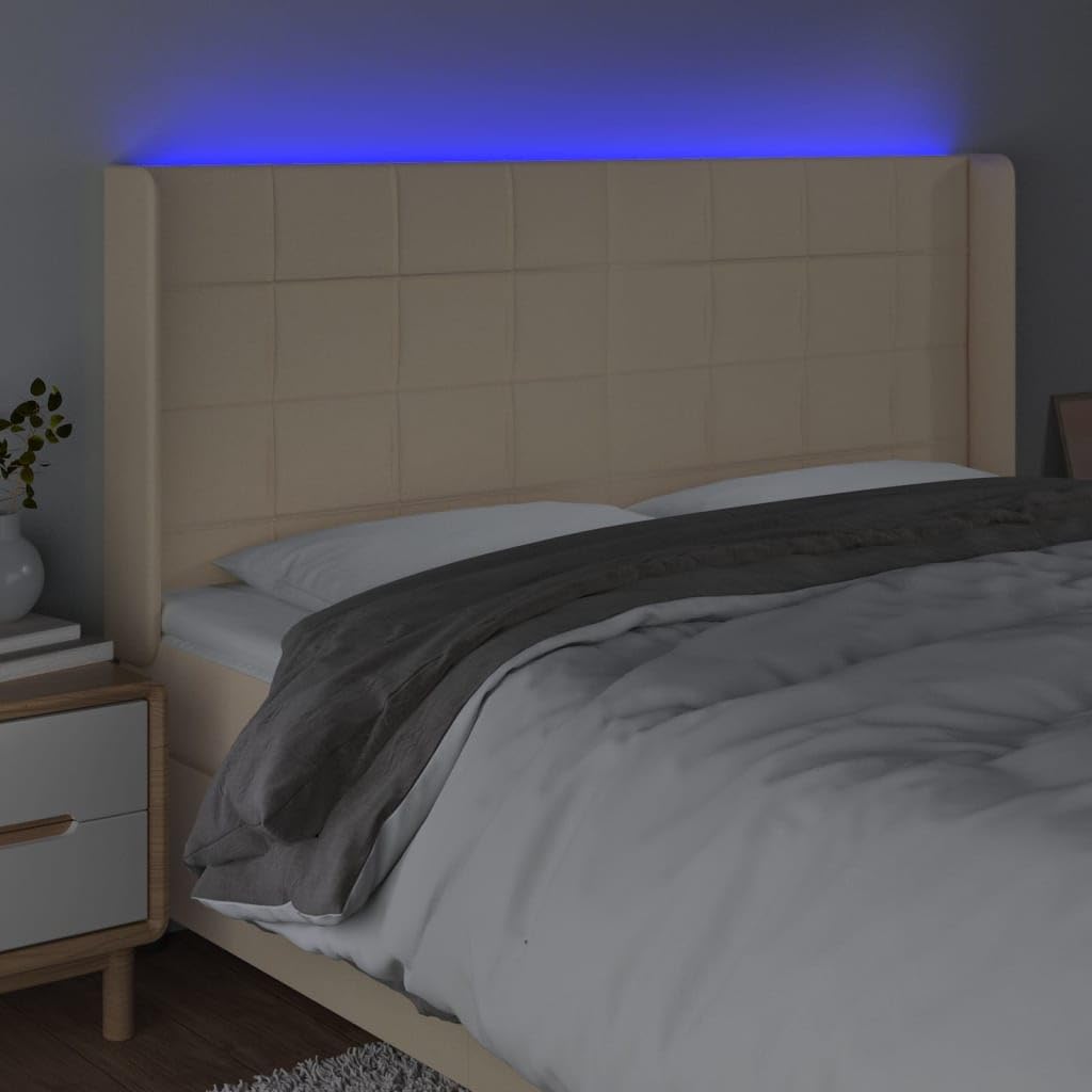 Cabecero LED color crema, 183 x 16 x 118/128 cm, altura regulable, incluye 2 tiras LED de 55 cm, IP65, USB, 5 V, tela a base de madera, alerce, diseño moderno para dormitorio juvenil